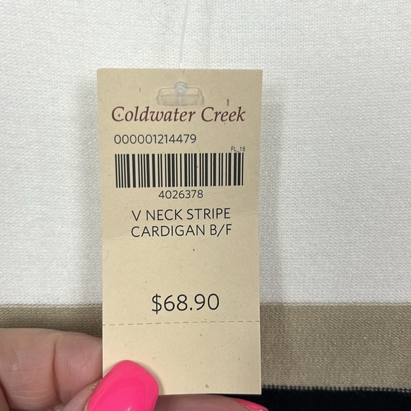 Coldwater Creek Womens Cardigan L White Tan Black 3/4 Sleeves Vneck Button Up - Picture 2 of 11